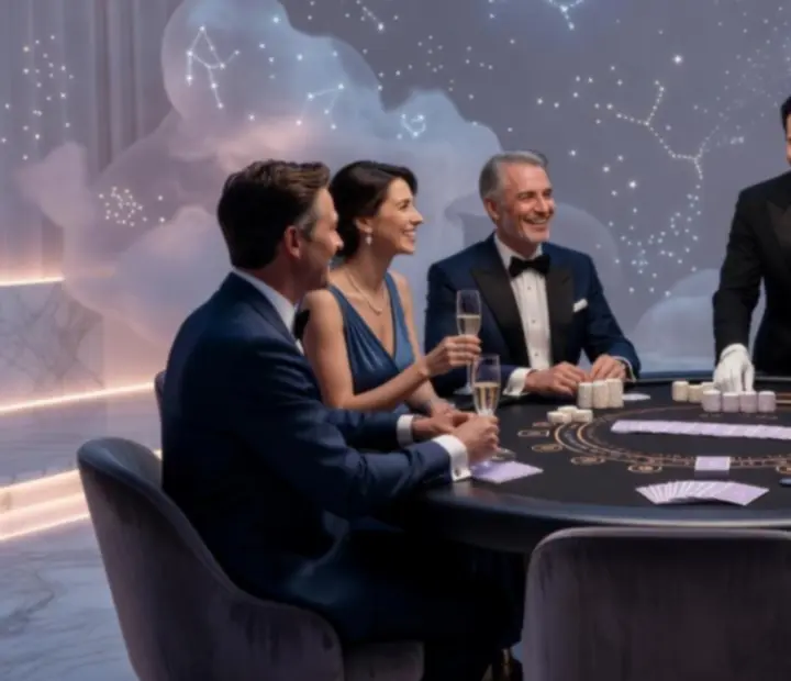 Légies, lila fényekben úszó blackjack asztal elegáns hangulattal.