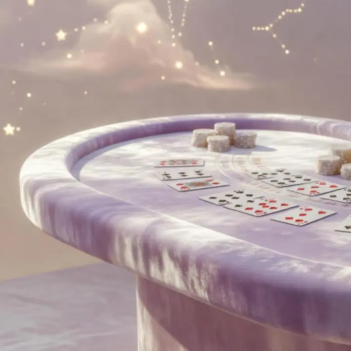 Közelkép egy modern, finoman megvilágított blackjack asztalról gyöngyházfényű részletekkel.
