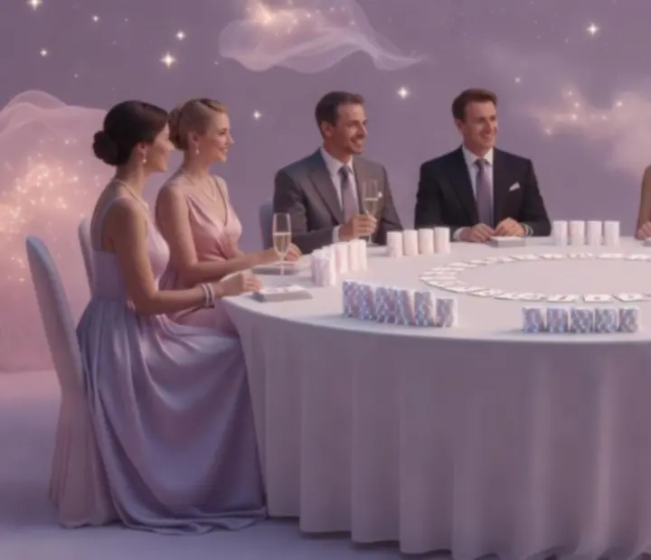 Elegánsan megvilágított esti játékasztal lila és rózsaszín hangulatfényekkel