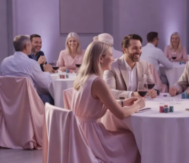 Magyarországi rendezvény galéria pasztell lila és rózsaszín fényekkel, nevető vendégekkel és elegáns asztalokkal