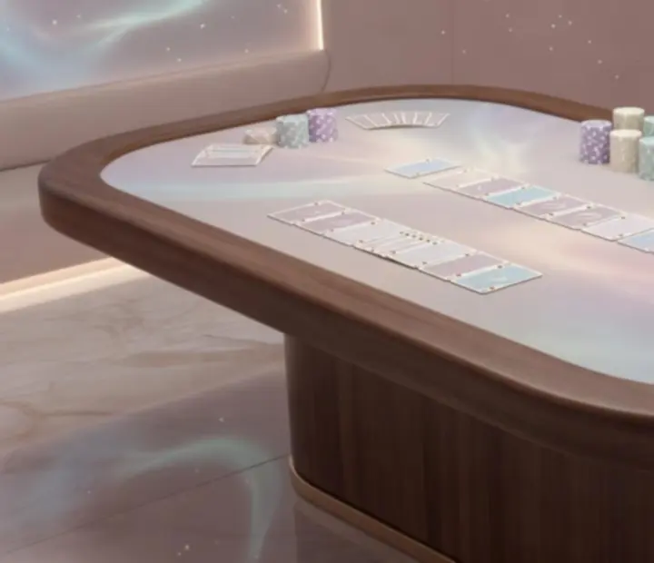 Luxus pókerasztal beállítása pasztell fényekkel és elegáns kártyákkal