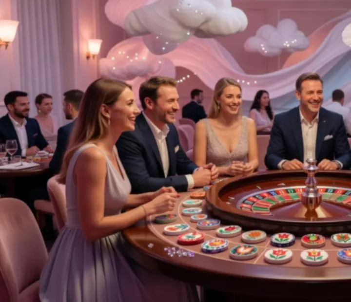 Vendégek jókedvűen játszanak ruletten elegáns, lila-pink fényekben
